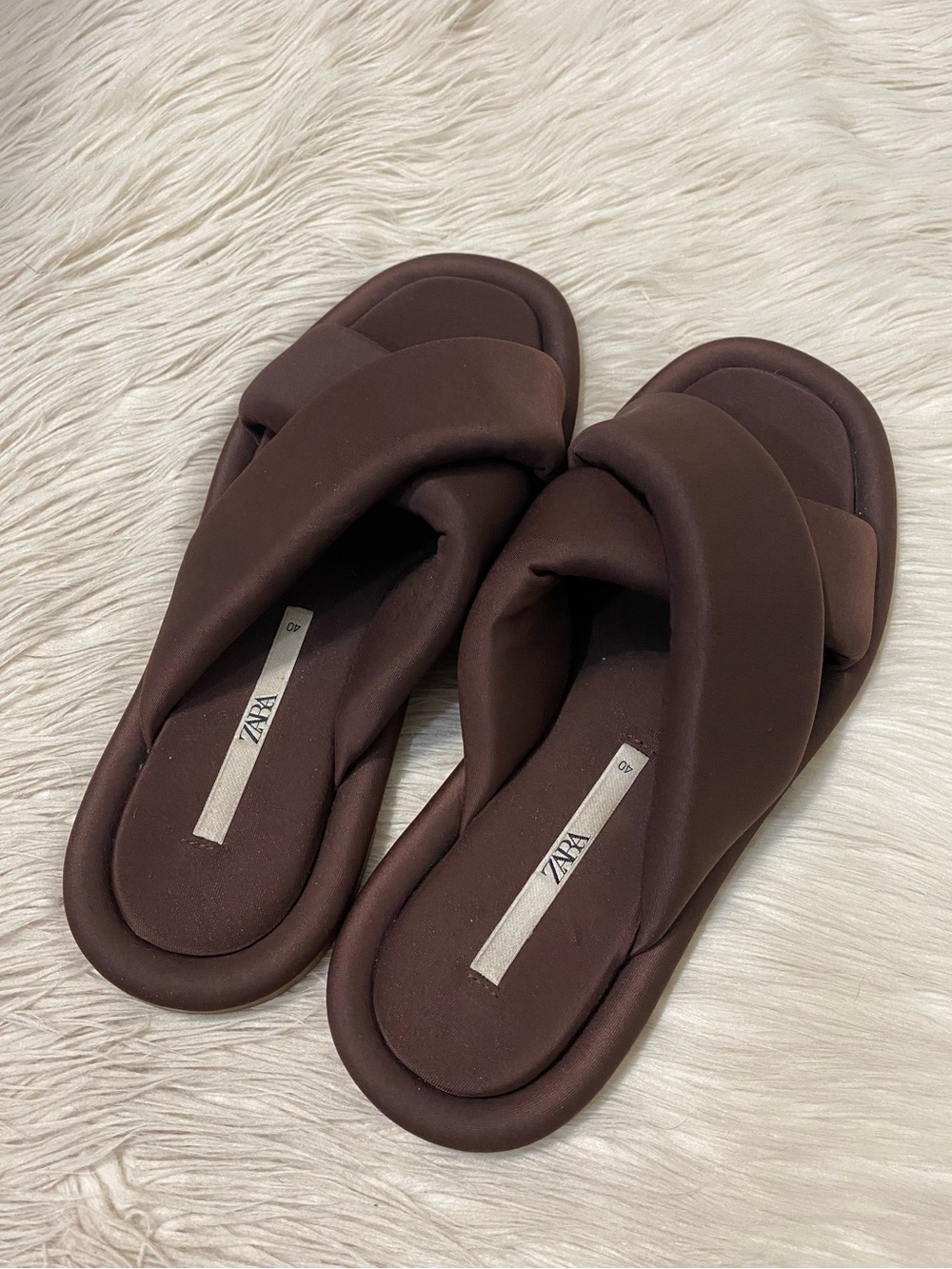 Zara Puffy Slip On Crisscross Sandals Dark Chocolate Brown Square Toe 40 US 9 - Picture 6 of 11